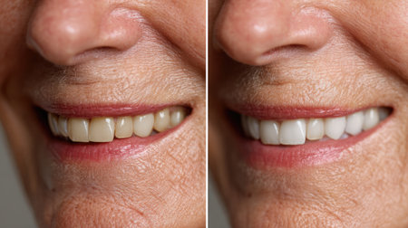 This image showcases the remarkable transformation achieved through teeth whitening treatment, highlighting the enhanced smile and overall dental aesthetics.の素材