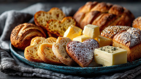 A visually appealing arrangement of assorted baked goods, including heart-shaped cookies and fresh butter, artfully presented on a rustic plate.の素材