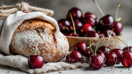 A beautiful arrangement of freshly baked bread and juicy red cherries set on a rustic table, combining natural textures and vibrant colors, perfect for food photography.の素材