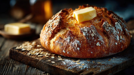 A beautifully crafted rustic bread topped with a pat of butter, resting on a wooden board surrounded by oats, evoking warmth and comfort in a cozy kitchen setting.の素材