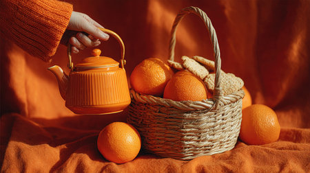 A captivating still life featuring a vibrant orange teapot and fresh oranges arranged in a woven basket on a warm textile backdrop, evoking a cozy atmosphere.の素材