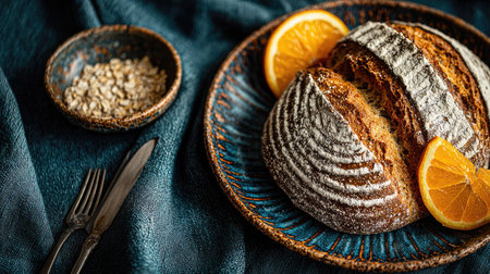 A beautifully arranged scene showcasing freshly baked artisan bread with orange slices on a rustic plate, accompanied by oatmeal and elegant cutlery, perfect for food photography.の素材
