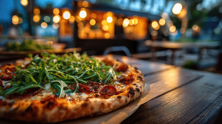 A beautifully presented pizza topped with fresh arugula sits on a rustic wooden table, complemented by inviting outdoor evening lighting, perfect for any dining experience.の素材