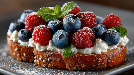 A delectable serving of toast topped with fresh raspberries, blueberries, and creamy cottage cheese, garnished with mint and a dusting of powdered sugar.の素材