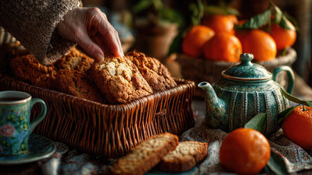 A warm and inviting setting showcasing freshly baked cookies being served alongside fresh oranges. The rustic basket and tea pot enhance the cozy atmosphere.の素材