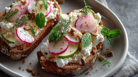 A vibrant and appetizing open-faced sandwich featuring fresh radishes, creamy cheese, and herbal garnishes on rustic whole grain bread. Perfect for healthy meals.の素材