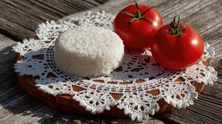 A delightful arrangement featuring fresh red tomatoes and cooked white rice on a decorative lace mat over a rustic wooden table, perfect for culinary inspiration.の素材