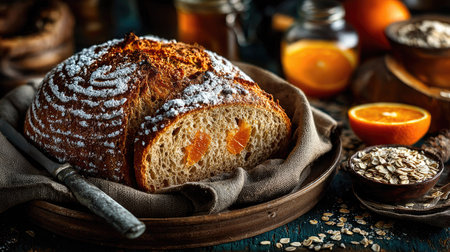 A freshly baked artisan bread featuring pieces of dried apricot, beautifully arranged with honey and oatmeal on a rustic wooden table, creating a warm, inviting scene perfect for culinary inspiration.の素材