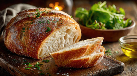 A beautifully arranged scene featuring freshly baked artisan bread sliced and served alongside a vibrant green salad and olive oil, perfect for culinary photography.の素材