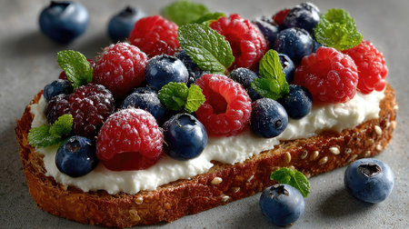 A beautifully arranged toast topped with cream cheese, fresh raspberries, blueberries, and mint leaves, creating a vibrant and delicious culinary experience.の素材