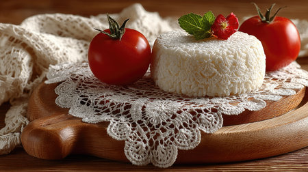 A captivating arrangement featuring fresh cheese and ripe tomatoes, beautifully styled on a rustic wooden board with intricate lace. Perfect for culinary inspiration.の素材