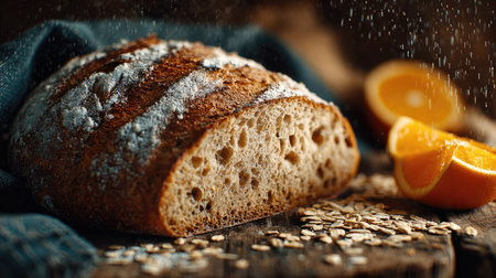 This image captures a freshly baked artisan bread loaf lying on a rustic wooden table. The bread, dusted with flour, is accompanied by vibrant orange slices and oats, creating a warm and inviting atmosphere suitable for food enthusiasts.の素材