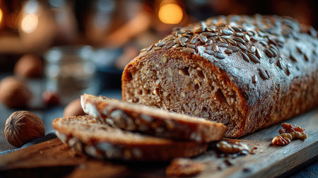 A beautifully shot image of freshly baked whole grain bread topped with sunflower seeds, invitingly placed on a wooden serving board in a cozy kitchen setting.の素材
