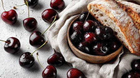A vibrant still life featuring fresh cherries spilling from a rustic wooden bowl next to a loaf of bread on a textured grey background. Perfect for culinary themes.の素材