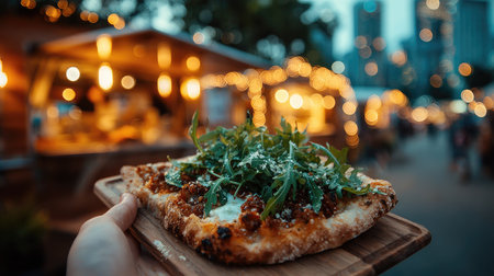 Experience the vibrant atmosphere of an outdoor food festival with this delicious gourmet pizza topped with fresh arugula and savory meat sauce, enticing multiple senses.の素材
