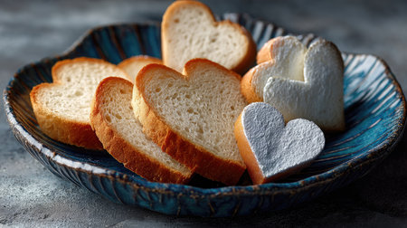 This image features heart-shaped slices of freshly baked bread arranged on a decorative blue plate. Perfect for romantic meals or creative food presentations.の素材