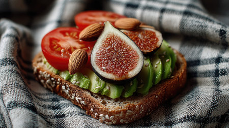 This vibrant image showcases a slice of avocado toast adorned with fresh figs, ripe tomatoes, and crunchy almonds, presented on a rustic background.の素材
