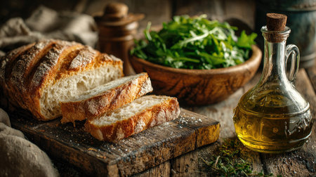 An inviting scene featuring freshly sliced artisan bread beside a vibrant green salad and a bottle of olive oil, perfect for a rustic culinary experience.の素材