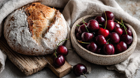 This image captures a beautifully baked loaf of bread next to a bowl of fresh cherries, showcasing a rustic charm and inviting culinary delights.の素材