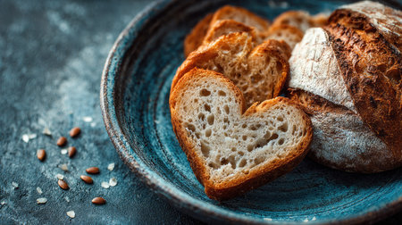 Beautifully presented artisan bread with heart-shaped slices on a rustic blue plate, perfect for food lovers and culinary enthusiasts. Ideal for showcasing warmth and love in cooking.の素材