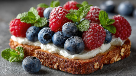 A tempting slice of toast featuring creamy yogurt, topped with fresh raspberries, blueberries, and mint leaves, perfect for breakfast or a sweet snack.の素材