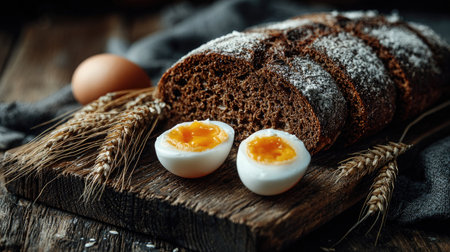 A visually appealing composition featuring freshly baked rye bread accompanied by soft boiled eggs and wheat, set on a rustic wooden board.の素材