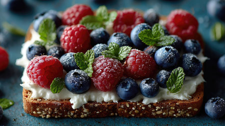 This vibrant toast showcases a mix of fresh blueberries and raspberries atop a creamy spread, garnished with mint leaves, perfect for breakfast or snacks.の素材
