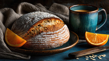 A freshly baked rustic loaf of bread rests on a wooden plate, accompanied by vibrant orange slices and a steaming cup of coffee, ideal for a cozy breakfast.の素材