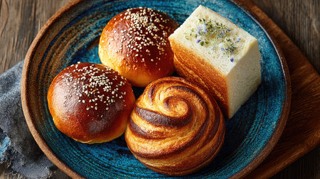 A beautiful assortment of freshly baked breads and rolls arranged on a decorative plate, showcasing warm colors and inviting textures perfect for culinary use.の素材