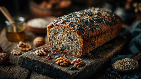 A beautifully crafted whole grain bread topped with seeds and nuts, placed on a rustic wooden table, showcasing a warm and inviting culinary atmosphere.の素材