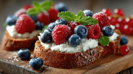 This vibrant toast features a delightful combination of fresh blueberries and raspberries atop creamy cheese, garnished with mint. Perfect for summer!の素材