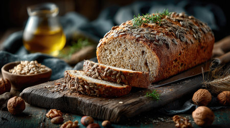 A beautifully styled image of freshly baked seeded bread on a rustic wooden cutting board, showcasing natural ingredients like seeds and nuts. Perfect for culinary projects.の素材