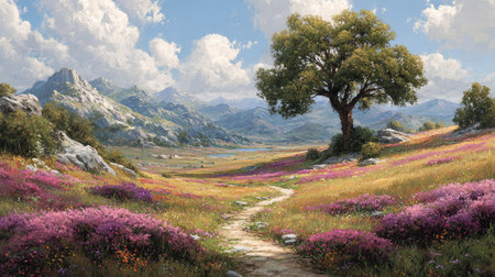 A captivating landscape featuring a sprawling valley filled with vibrant wildflowers, a majestic tree, and distant mountains under a bright blue sky.の素材