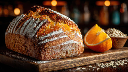 A beautifully crafted loaf of orange bread with oats sits on a wooden board, accompanied by fresh orange slices, showcasing vibrant colors and textures.の素材