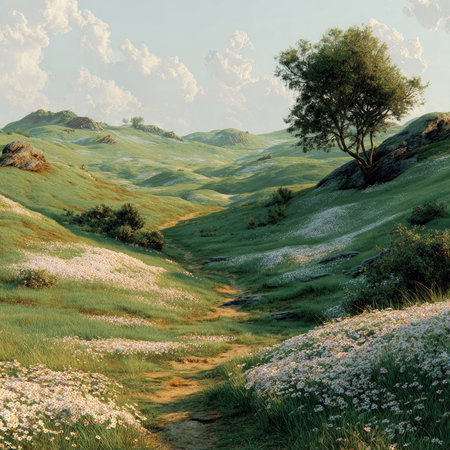 A breathtaking view of rolling hills adorned with blooming wildflowers under a clear blue sky, creating a tranquil outdoor scene perfect for nature enthusiasts.の素材