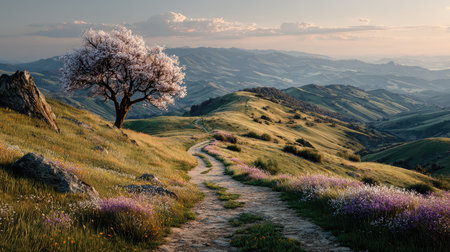 A breathtaking spring landscape featuring a blooming tree beside a winding pathway through lush green hills, inviting exploration and tranquility.の素材
