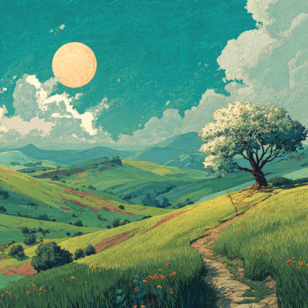 This vibrant landscape features rolling green hills illuminated by a bright orange sun against a clear blue sky, creating a tranquil outdoor scene.の素材