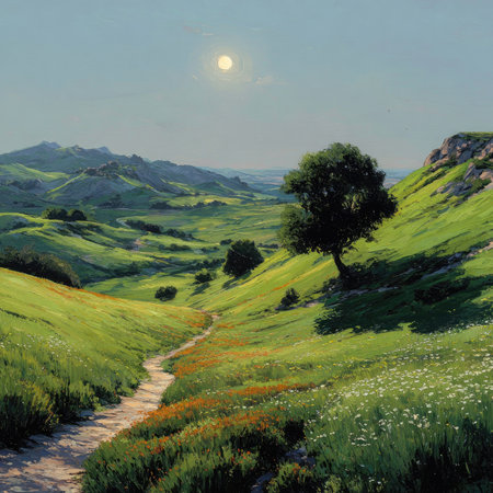 A serene landscape showcasing gentle rolling hills, a winding path, and an isolated tree, bathed in warm sunlight on a vibrant spring day.の素材