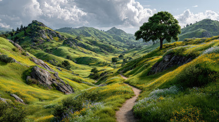 A picturesque view of a serene green valley featuring rolling hills, a winding trail, and a solitary tree under a dramatic sky, perfect for nature lovers.の素材