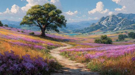 A breathtaking landscape showcasing a vibrant field of purple flowers under a clear blue sky. A solitary tree stands tall against majestic mountains, inviting relaxation and peaceful contemplation. Perfect for nature lovers and those seeking beauty in the outdoors.の素材