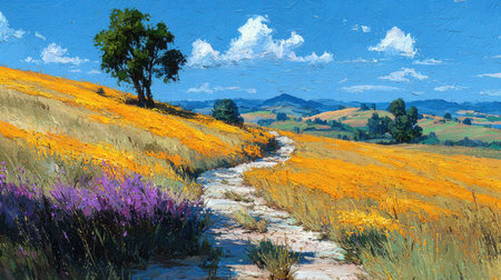 A stunning landscape showcasing rolling hills adorned with vibrant orange and yellow flowers under a bright blue sky. A winding path invites exploration.の素材