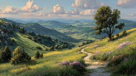 This stunning landscape image captures a serene valley adorned with lush green hills, a winding pathway, and a beautiful sky, evoking peace and tranquility.の素材