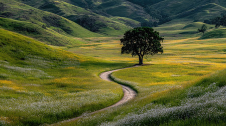 A tranquil landscape featuring vibrant green hills and a single tree beside a winding pathway, perfect for capturing the essence of nature's beauty.の素材