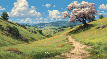 Experience a serene landscape featuring a blooming tree beside a winding pathway through a colorful meadow, all under a bright blue sky dotted with clouds.の素材
