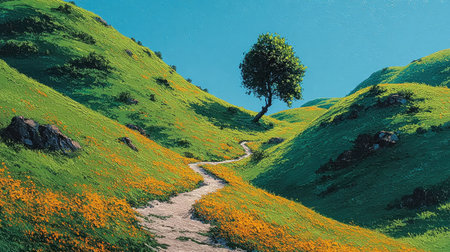 This captivating landscape features a winding pathway through vibrant green hills adorned with wildflowers, highlighted by a singular tree against a clear blue sky.の素材