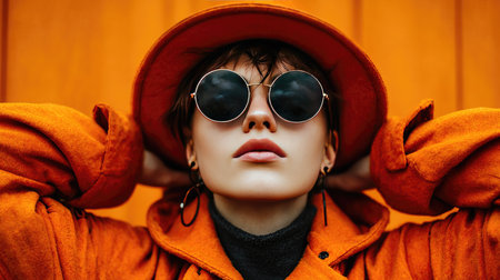 A striking portrait of a young person exuding confidence, featuring stylish sunglasses and bold outerwear. The vibrant orange background enhances their artistic expression.の素材
