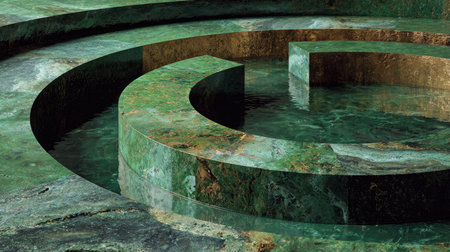 This abstract image features a circular stone pattern in green, complemented by calm water reflections. Ideal for themes of tranquility and nature.の素材