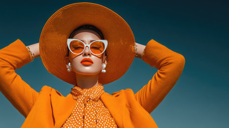 A fashionable woman poses confidently in a striking orange outfit and wide-brimmed hat against a clear blue sky, showcasing vibrant summer style.の素材