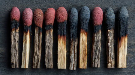 A collection of matchsticks arranged in a line, showcasing differences in color and texture between burnt and unburnt tips on a dark surface.の素材
