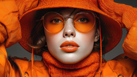 This stunning fashion portrait showcases a model in vibrant orange hues, featuring stylish accessories and a bold expression, embodying modern urban glam.の素材